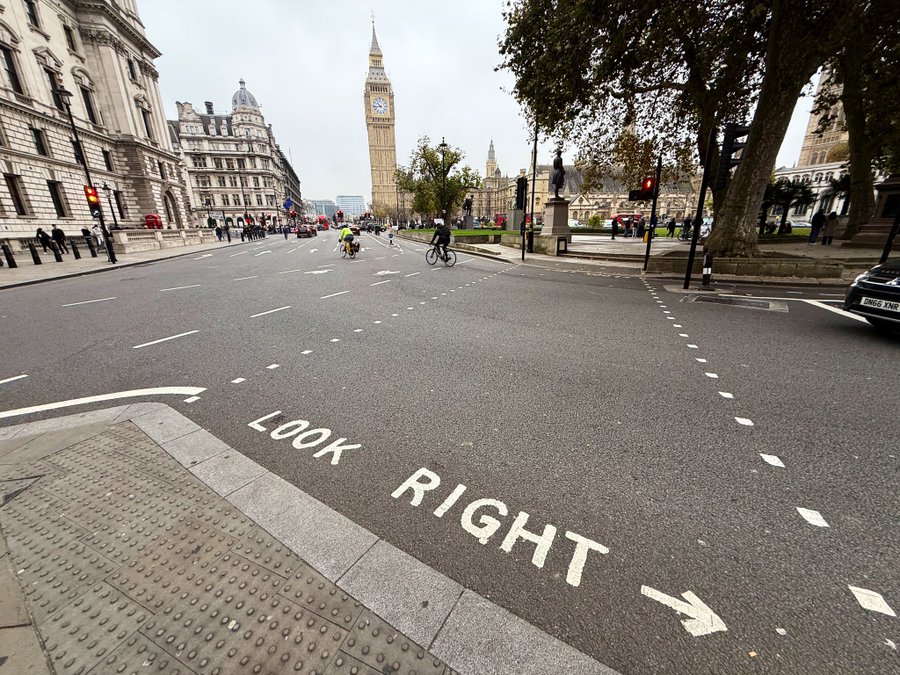 Look Right Painted on Crosswalk